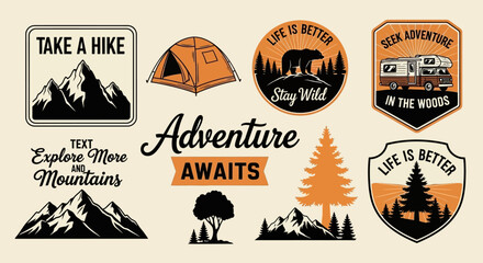 Collection of vintage-style adventure and travel emblems featuring mountains, tents, trees, and a camper van © john