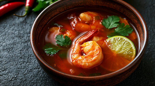Spicy tomato soup with large prawns fresh parsley and lime slice in a rustic bowl