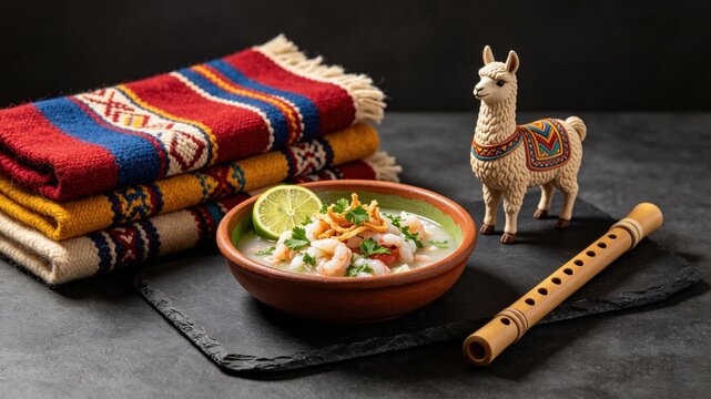 ceviche. Peruvian Independence Day bundle: ceviche, wool textiles, llama figurine, and pan flute on slate surface. event programs.