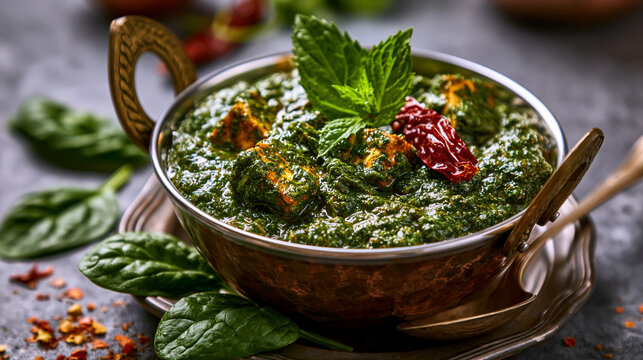 Traditional indian palak paneer spinach and cheese curry with mint leaves and chili