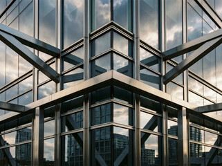 Obraz premium Modern office building facade with glass windows and steel beams showing architectural geometric patterns