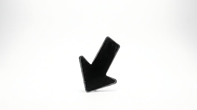 Black Glossy Plastic Arrow Pointing Diagonally Down and Left Isolated on a Plain White Background, Minimalist Directional Sign for Navigation, Decrease, and Progress Indicator Icon