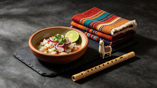 ceviche. Peruvian Independence Day bundle: ceviche, wool textiles, llama figurine, and pan flute on slate surface. event programs.