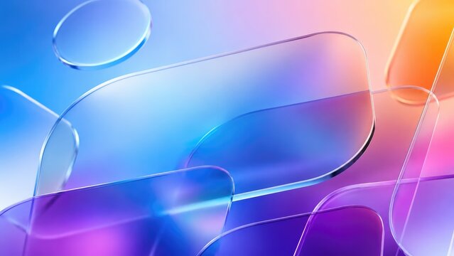 Abstract colorful glass-like rounded panels and bubbles with vibrant gradient lighting