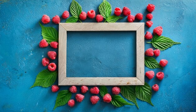 flat lay of fresh raspberries surrounded by vibrant green leaves on textured blue background natural frame with copy space