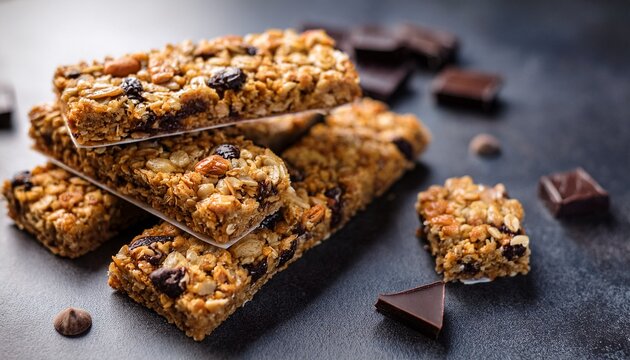 several homemade chocolate chip granola bars on dark surface dessert bars with chips sweet tasty snack perfect for breakfast