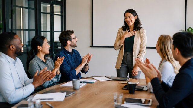 Female business leader standing and receiving applause from colleagues during a meeting in a modern conference room