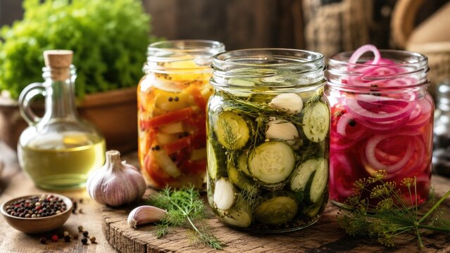 Three jars of assorted homemade pickled vegetables on a rustic wooden board with fresh herbs, garlic, peppercorns, and a bottle of oil