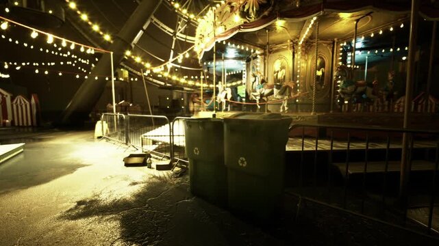 Empty carousel under warm string lights, trash bins in foreground and wet pavement reflecting golden bulbs closed ride sits silent on slick asphalt, vintage