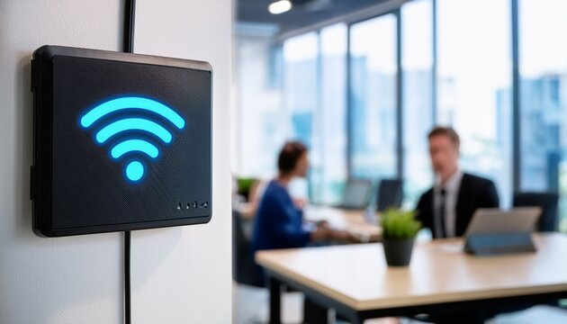 black router with blue wi fi symbol hangs on wall of bright well lit modern business office blurred background