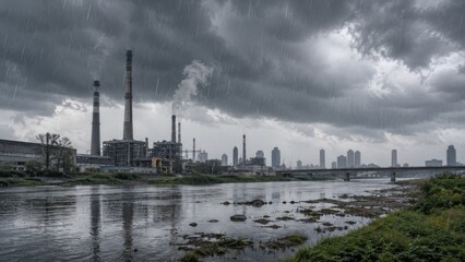 Obraz premium Industrial power plant with tall smokestacks beside a river under dark storm clouds and heavy rain