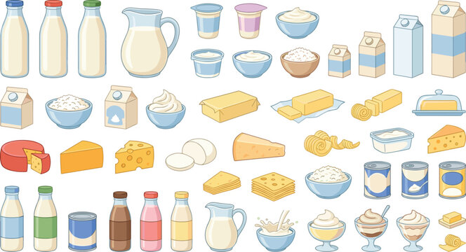 Dairy products clipart collection featuring milk bottles cheese butter yogurt cream cottage cheese and farm fresh ingredients vector illustration set