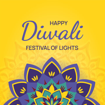 Diwali festival of lights holiday card with Rangoli, diya, lotus flowers. Bright background for web banner, poster, social media