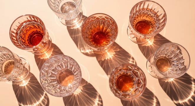 Aesthetic flat lay of elegant crystal glasses with amber liquid casting beautiful shadows on a beige background