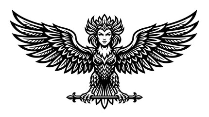 Obraz premium Mythical Griffin Woman Mascot with Wings and Sword - Black and White Emblem