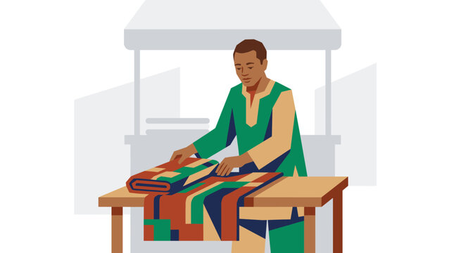 African artisan folding colorful traditional textiles at market stall
