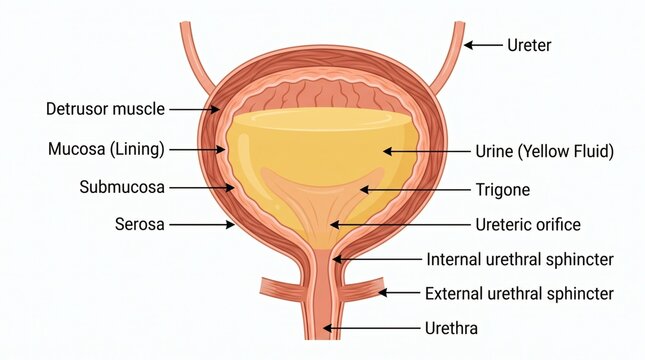 Anatomical illustration of the human urinary bladder and its internal structures.