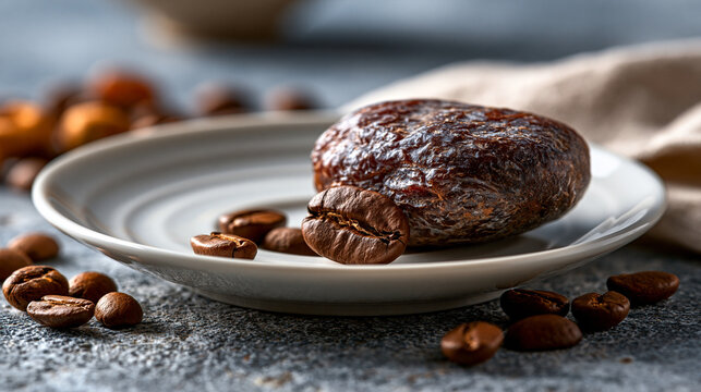 Roasted coffee bean on white plate with background coffee beans caffeine beverage