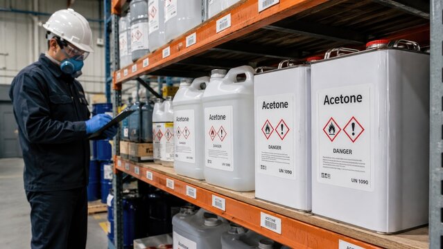 Warehouse worker in hard hat and respirator inspects labeled acetone solvent containers on industrial shelving, showing hazard symbols and chemical storage safety