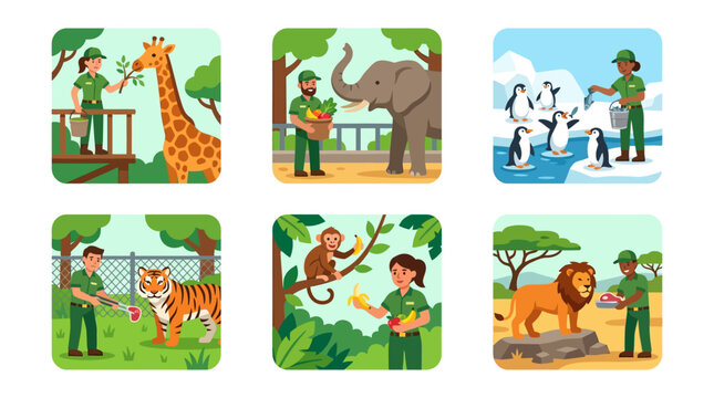 Zoo keepers feeding different animals in enclosures.