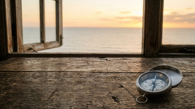 Antique compass resting on a wooden table with a beautiful sunset seascape visible through an open window