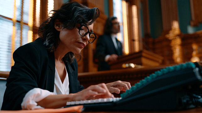 court stenographer in a paneled courtroom hunched over a stenotype machine, fingers moving in a blur across the keys, attorney mid-argument at the podium, afternoon light from tall windows striping 