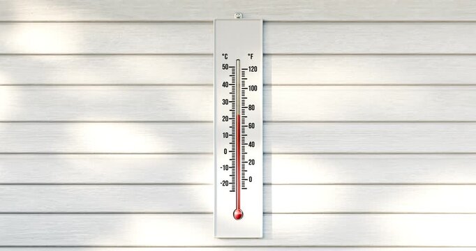 3D animation of dual scale thermometer on white wooden wall with rising temperature and shifting sun rays
