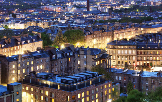 Old houses in Edinburgh at night, aerial view