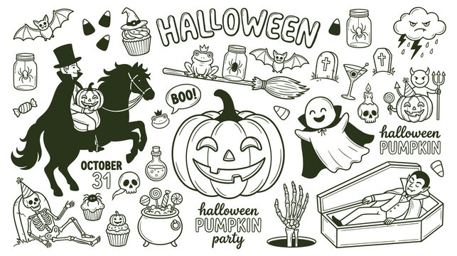 Halloween doodle collection with skull and pumpkin head.