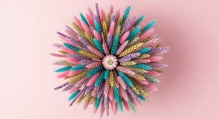 Obraz premium Top View of Vibrant Dyed Lagurus and Wheat Grasses in Circular Mandala Design on Pastel Pink