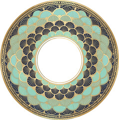 Art deco circular frame vector with luxury gold fish scale pattern turquoise mandala border and blank copy space isolated on white background. © mst
