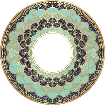 Art deco circular frame vector with luxury gold fish scale pattern turquoise mandala border and blank copy space isolated on white background.