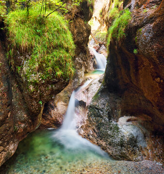 Rocks, bridges and watercourses in the Almbachklamm in the Berchtesgadener Land, Bavaria, Germany