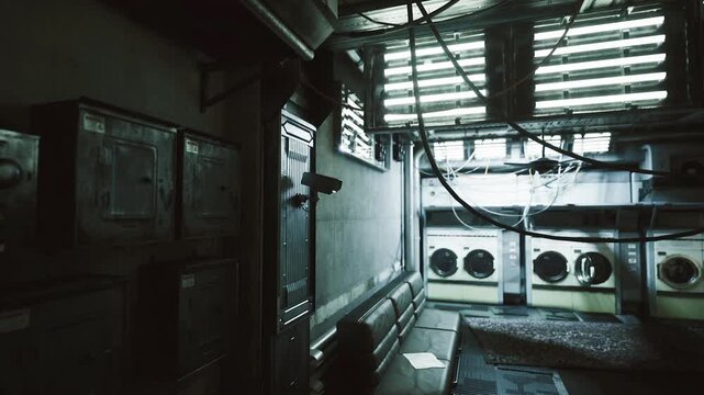 Dim industrial laundry room, exposed pipes. Moody neonoir atmosphere with fluorescent fixtures casting cold light, row of vintage washers and dryers, corroded