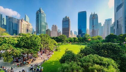 Fototapeta premium a photo showcasing a vibrant urban green space where city dwellers are enjoying nature amidst skyscrapers emphasizing the importance of integrating nature into urban planning