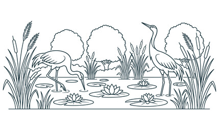 Fototapeta premium Two elegant cranes feeding in peaceful swamp vegetation.