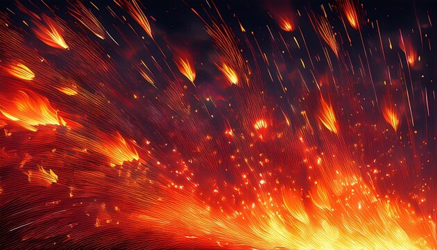 burning red hot sparks fly from large fire in the night sky beautiful abstract background on the theme of fire