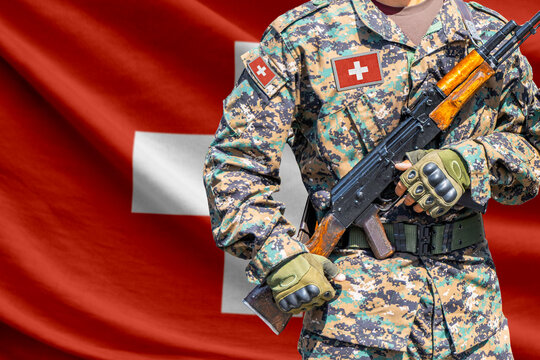 Switzerland flag with soldier holding assault rifle