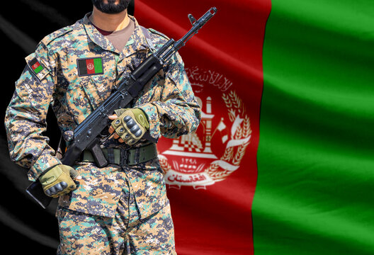 Afghanistan flag with soldier holding assault rifle