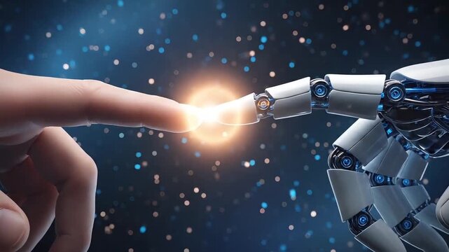 Futuristic human and robot finger touch connection in cosmic space illustrating A I collaboration