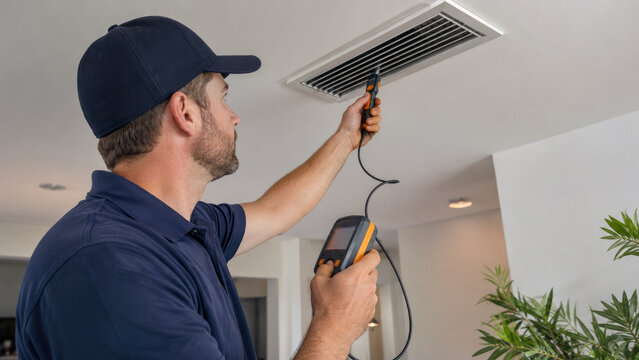 Technician inspecting a ceiling air vent using a handheld diagnostic meter in a modern residential interior