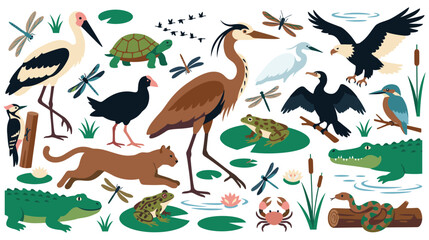 Wildlife animal set of birds reptiles and swamp fauna. © GW