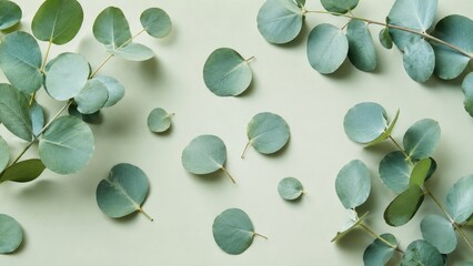 Naklejka premium Flatlay of round eucalyptus leaves and branches scattered on a pale green background, soft minimalist botanical composition