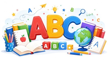 Fototapeta premium Colorful back-to-school illustration with large ABC letters, school supplies, globe, books and playful educational icons