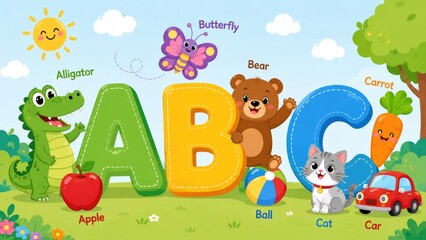 Fototapeta premium Colorful cartoon ABC scene with letters A B C and playful animals and objects for preschool learning