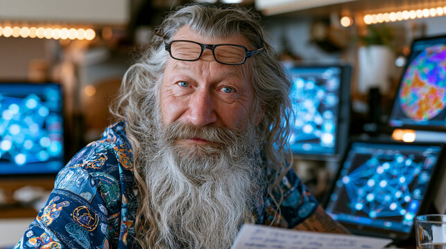 Retired engineer in modest kitchen studying multiple tablet screens displaying neural network node diagrams and activation maps, bifocals resting on forehead, handwritten margin notes filling graph 