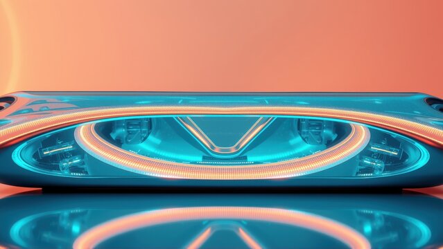 Futuristic vehicle front view. Glowing lights, sleek design, reflective surface. Orange, teal colors dominate composition. Modern aesthetic.