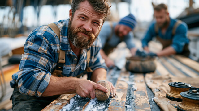 traditional boatbuilder at a maritime heritage yard caulking the deck seams of a restored gaff cutter with cotton oakum and a caulking mallet, apprentice feeding new seam compound from a heated pot,