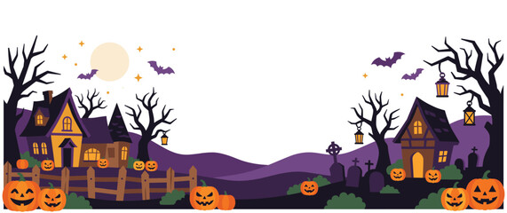 Spooky halloween village night landscape with pumpkins. © GW