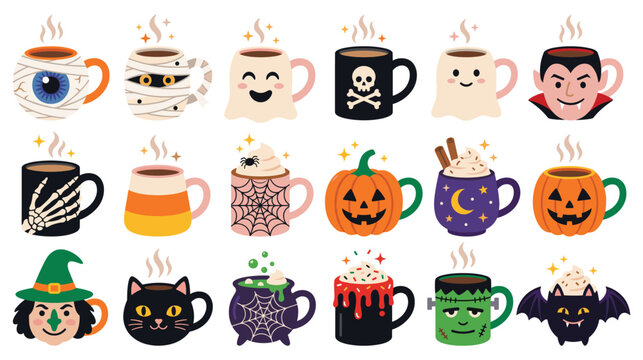 Halloween mug collection with cute spooky characters set.